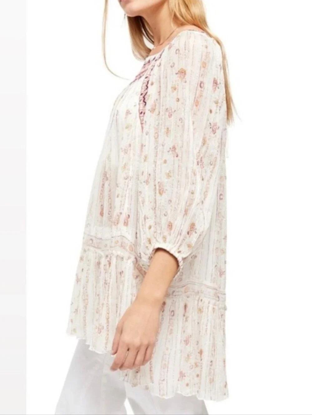 Free People Boho Tunic Mini Dress Sheer Dance Magic Ivory Floral Small